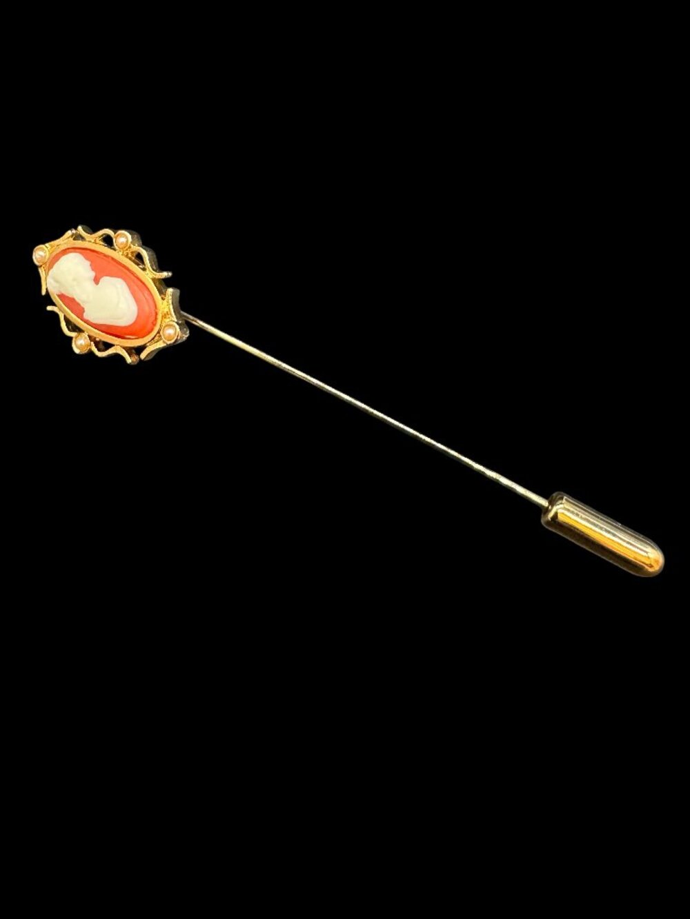 Vintage Avon Cameo Stick or Hat Pin Gold Tone Orange & White Portrait Lady